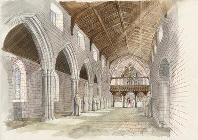 Rekonstruktion av klosterkyrkans mittskepp i Shap Abbey ca 1530 (akvarell på papper) av Liam Wales