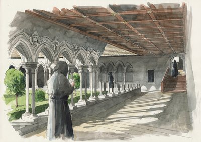 Rekonstruktion av klostret vid Lanercost Priory (akvarell på papper) av Liam Wales