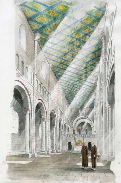 Rekonstruktion av interiören i kyrkan i Old Sarum (akvarell på papper) av Liam Wales