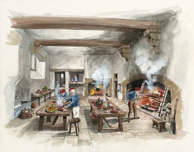 Rekonstruktion av köket på Hardwick Old Hall 1601 (akvarell på papper) av Liam Wales