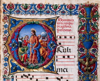 Piccolomini bibliotek: körbok, torsk. 21.6, ff. 2r med "Utdrivning av en oren ande", av Liberale da Verona (ca 1445 - 1527/9). Detalj. av Liberale da Verona