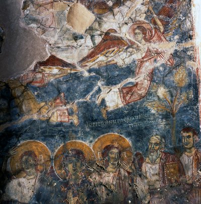 Ängel och heliga, fresk i klostret Agios Georgios, Diavaide, Kreta, Grekland (foto) av Unbekannt Unbekannt