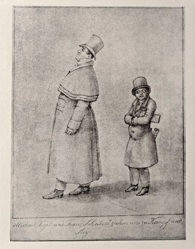 Österrike, Wien, karikatyr av den österrikiska barytonsångaren Johann Michael Vogl och kompositören Franz Peter Schubert, cirka 1825, blyertsteckning av Unbekannt Unbekannt