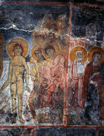 Kristus, Madonna och heliga, fresk i klostret Agios Georgios, Diavaide, Kreta, Grekland (foto) av Unbekannt Unbekannt
