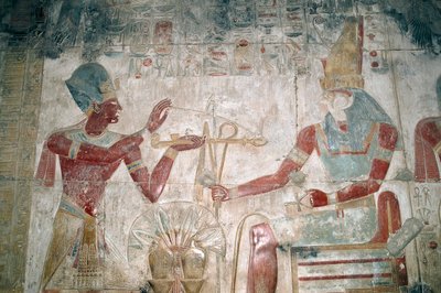 Egypten, Abydos, farao Seti I:s tempel, Osiris kapell. Detalj, målad relief, New Kingdom, Dynasti XIX av Unbekannt Unbekannt