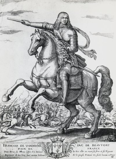 Ridsporträtt av Franciskus av Bourbon-Vendome (1616-1669), andre hertig av Beaufort och fransk general, gravyr av Nicolas de La Fage (1600?-1655) av Unbekannt Unbekannt