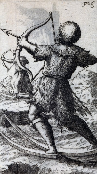 Jägare med pil och båge på korta skidor, illustration från De Calceo Antiquo, av B Balduinus av Unbekannt Unbekannt