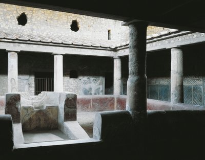 Italien, Kampanien, Oplonti, det arkeologiska området Torre Annunziata, Roman Villa Poppaea, Litet inomhusatrium med fontän för att vattna trädgården av Unbekannt Unbekannt