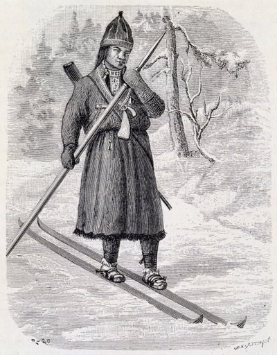 Lars Tuorda, lappisk idrottare som vann längdskidtävlingen organiserad 1884 av Adolf Erick Nordenskjold, indisk bläckteckning av Unbekannt Unbekannt