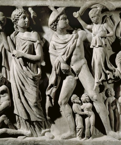 Marmorsarkofag, Relief som visar Prometheus-myten, Detalj, Hermes och en av Parcae eller öden, Från Arles av Unbekannt Unbekannt