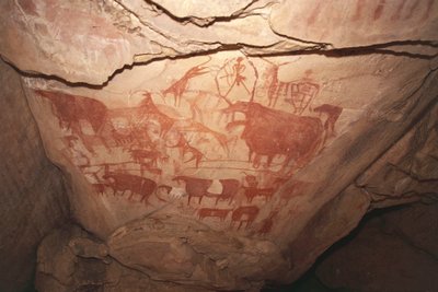 Målning som skildrar jaktscener, Sahara klippkonst, Enneri Tougwi, Tibesti, Tchad av Unbekannt Unbekannt