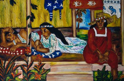 Polynesiska kvinnor, målat glasfönster, Moorea Island, Society Islands, Franska Polynesien, Franska republikens utomeuropeiska territorium av Unbekannt Unbekannt