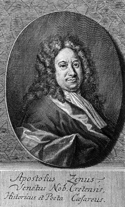 Porträtt av Apostolo Zeno (cirka 1668-1750), italiensk poet, librettist, journalist och bokstäver, gravyr av Unbekannt Unbekannt