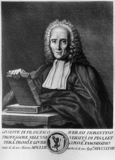 Porträtt av Giuseppe Averani, känd som Averanus (1662-1738), italiensk jurist och naturforskare, etsning från Serie av porträtt av berömda toskanska män, utgiven av Allegrini av Unbekannt Unbekannt
