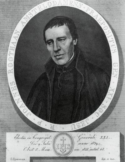 Porträtt av Jan Philipp Roothaan (1785-1853), holländsk jesuit och 21:e överordnade generalen för Society of Jesus, teckning och gravyr av Serafino Speranza (1862-1911) efter målning av Frans Quartier av Unbekannt Unbekannt