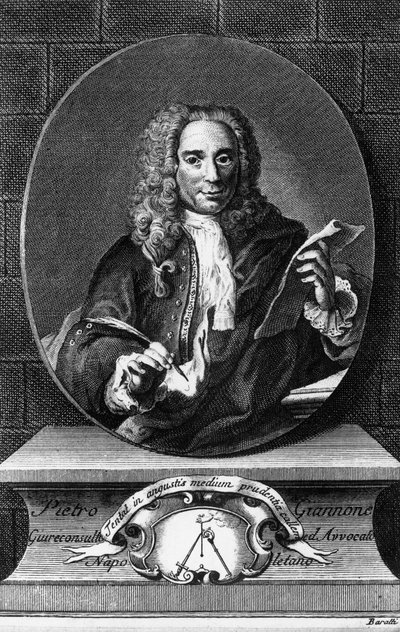 Porträtt av Pietro Giannone (1676-1748), italiensk filosof, historiker och jurist, gravyr av Antonio Baratti (1724-1787) från Civil History of the Kingdom of Neapel av Pietro Giannone, publicerad av Giambattista Pasquali av Unbekannt Unbekannt