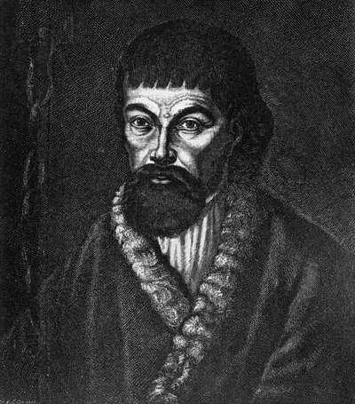 Porträtt av Yemelyan Ivanovich Pugachov (ca 1742-1775), ledare för det stora kosack- och bondeupproret i Ryssland 1773-1774, gravyr efter oljemålning av Unbekannt Unbekannt