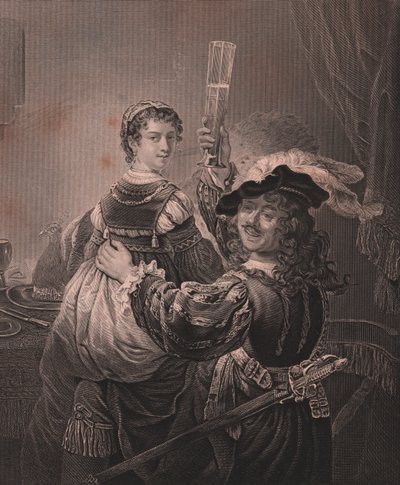 Rembrandt med sin fru Saskia, graverad H Payne från målning av Rembrandt, från Paynes Royal Dresden Gallery, av Albert Henry Payne, H Payne Dresden och Leipzig Publisher, ca 1840 av Unbekannt Unbekannt