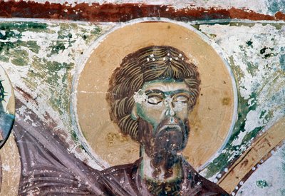 Saint, detalj från fresk i kyrkan Agios Georgios, Mourne, Kreta, Grekland (foto) av Unbekannt Unbekannt