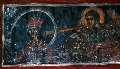 Sankt som spelar horn, fresk i kyrkan Agios Ioannis Prodromos, Margarites, Kreta, Grekland (foto) av Unbekannt Unbekannt