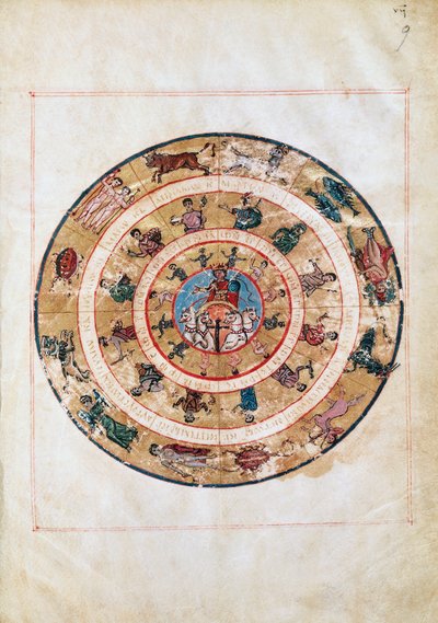 Solvagnen och zodiakens tecken, miniatyr från ett tidig medeltidsmanuskript, astronomiskt bord av Ptolemaios (ca 100-175), hellenistisk civilisation av Unbekannt Unbekannt