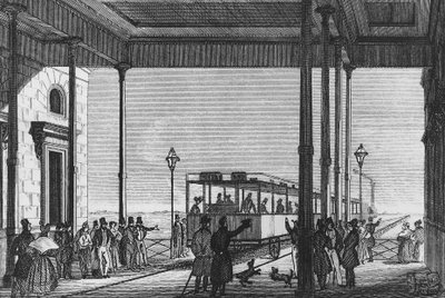 Tåg som lämnar Venezia Santa Lucia järnvägsstation, Venedig, Italien, gravyr av Unbekannt Unbekannt