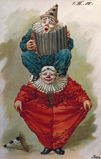 Två clowner, en spelar dragspel av Unbekannt Unbekannt