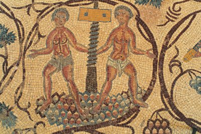 Vinskruvpress, detalj av golvmosaik med scener från det dagliga livet, Church of Saints Lot och Procopius, Nebo, Khirbet al-Mukhayyat, Jordanien, bysantinsk civilisation, 600-talet e.Kr. av Unbekannt Unbekannt