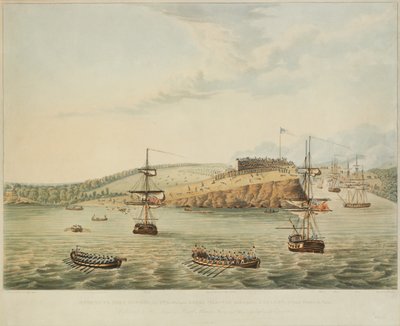 Attack på Fort Oswego, Lake Ontario, Nordamerika. 6 maj 1814, middagstid, och stormande Fort Oswego av andra bataljonen Royal Marines och en grupp sjömän, 15 m över tolv vid middagstid, graverad av R. Havell, 1815 av Lieutenant J. Hewitt