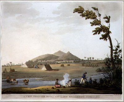 En sikt från Royal Artillery Encampment, Conditore, skylt 37 från "Picturesque Scenery in the Kingdom of Mysore", graverad av Harraden, pub. av Edward Orme (1774-c.1820) 1804 (akvatint) av Lieutenant James (after) Hunter