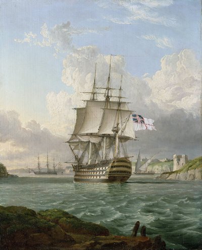 HMS "Britannia", ett 120-kanoners fartyg, byggt 1820, lämnar en hamn i Medelhavet, troligen Malta av Lieutenant Robert Strickland Thomas