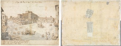 Arton utsikter över Rom: Piazza Barberini (recto); Spårning av en fontän från Recto och skisser av två ansikten (verso) av Lievin Cruyl