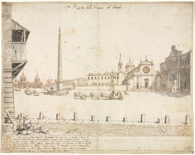 Arton utsikter över Rom: Piazza del Popolo (recto) av Lievin Cruyl