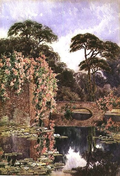 En gammal mur och vattenträdgård (akvarell på papper) av Lilian Stannard