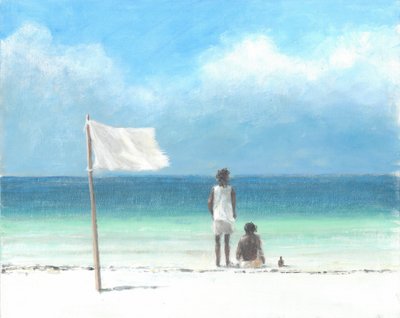 Boys on Beach, Kenya (akryl på papper) av Lincoln Seligman