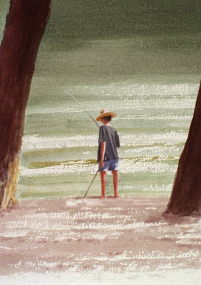 Henry Fishing, 1990 (akryl på papper) av Lincoln Seligman