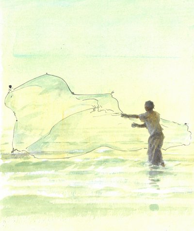 Lone Fisherman 2, 2015 (penna och bläck med wc på papper) av Lincoln Seligman