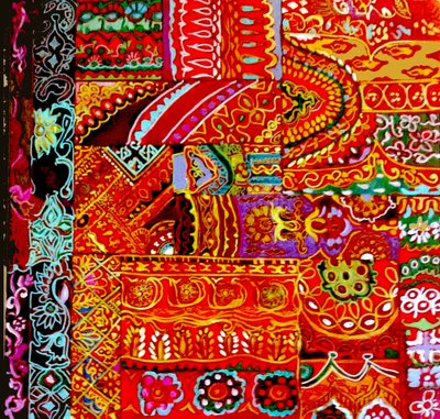 Indian Embroidey, 2017 (duk med färgglada,detaljerade,etniska,sree,blommor, Indien) av linda arthurs