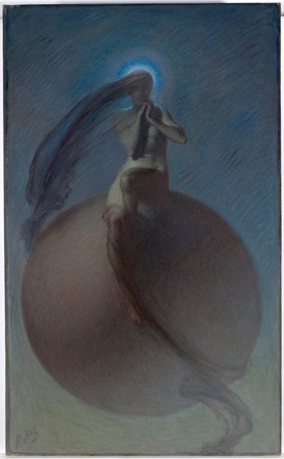 ""La quete"" (The Quest) Drömlik representation, kvinnlig siluett placerad på en jordglob - Målning av Lindsay Bernard Hall (1859-1935) cirka 1905 - Olja på duk Dim 154x94,5 cm National Gallery of Australia, Canberra av Lindsay Bernard Hall