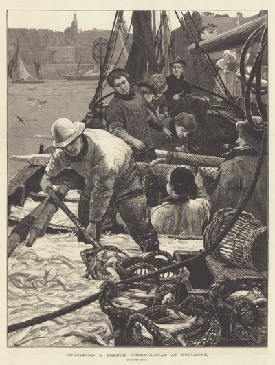 Lossning av en fransk sillbåt vid Boulogne av Lionel Percy Smythe