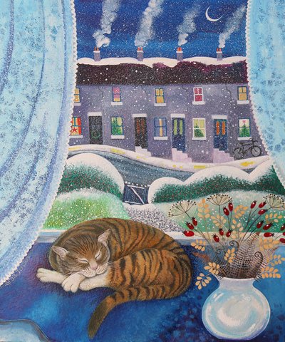 Cozy Cat, 2016, (akrylbläck på papper) av Lisa Graa Jensen