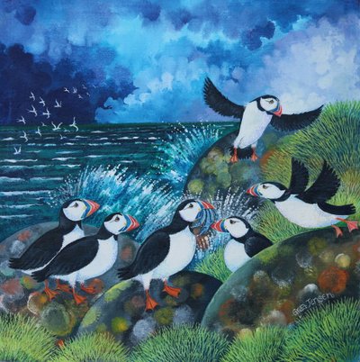 Parrots of the Sea, 2024 (akryl på linne) av Lisa Graa Jensen