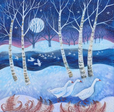 Snowy Flight, 2024 (akryl på linne) av Lisa Graa Jensen