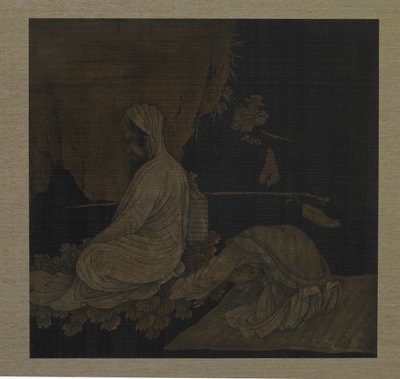 Bodhidharma-mediterar, med nedböjd skötare, Qing-dynastin, c.1708 bläck och färg på siden av Liu Hualiang
