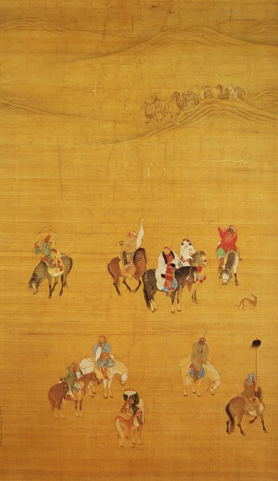 Kublai Khan (1214-94) Jakt, Yuan-dynastin (bläck och färg på siden) (se 110534 och 226021 för detaljer) av Liu Kuan tao