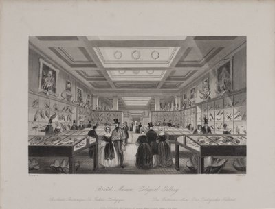 Vy över Zoological Gallery, British Museum som visar besökare som tittar på utställningar, ca 1850 (gravyr) av Llewellyn (after) Jewitt