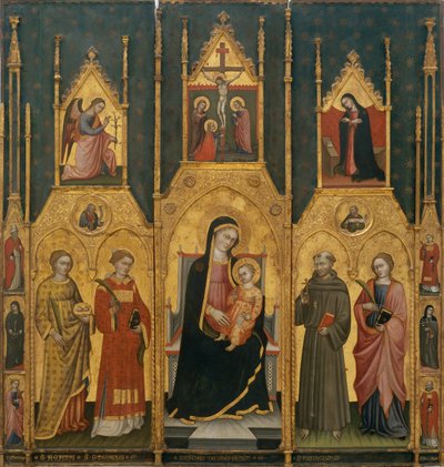 Altartavla av Jungfru Maria med heliga Agatha, Stefan, Franciskus och ett martyrhelgon av Lo Spagna
