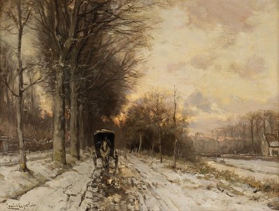 En hästdragen kärra på en snöig stig (olja på pannå) av Lodewijk Frederik Hendrik (1850-1936) Apol