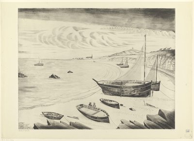 Åtta förtöjda fartyg på en strand Les Vaisseaux (originaltitel) av Lodewijk Schelfhout (signed by artist)