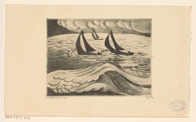 Tre segelfartyg till havs under en storm La Tempête (originaltitel) av Lodewijk Schelfhout (signed by artist)